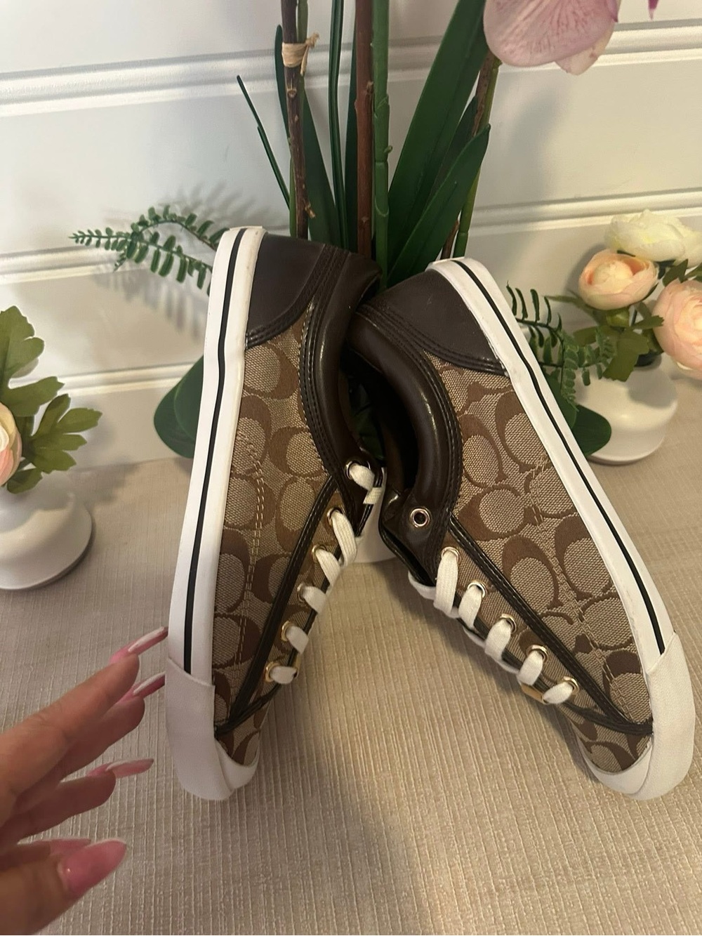 Coach Brown Signature Canvas High-Top Sneakers with White Laces - Picture 2 of 3